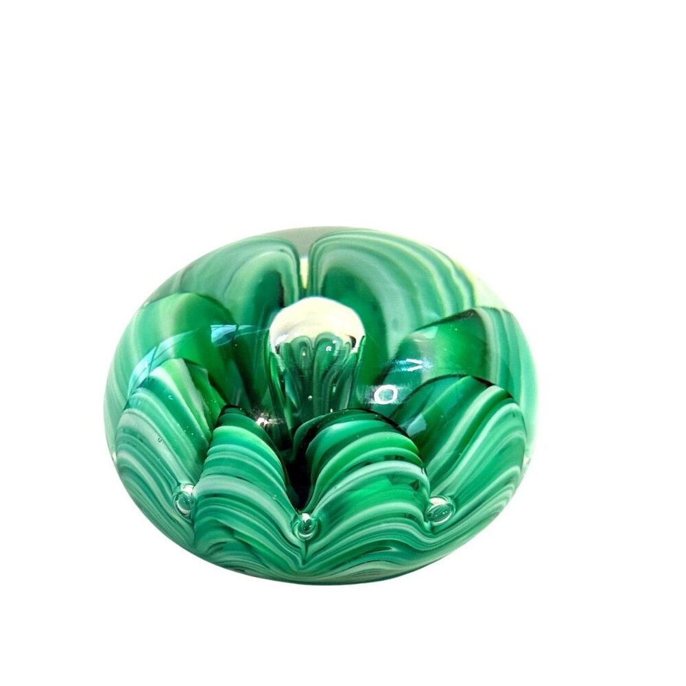 Art Glass Paperweight Signed Joe St. Claire,‎ Ribbon Crimp Green White